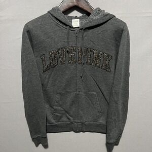 Victoria's Secret PINK Hoodie Womens Large Gray Full Zip LOVE PINK Glitter Logo